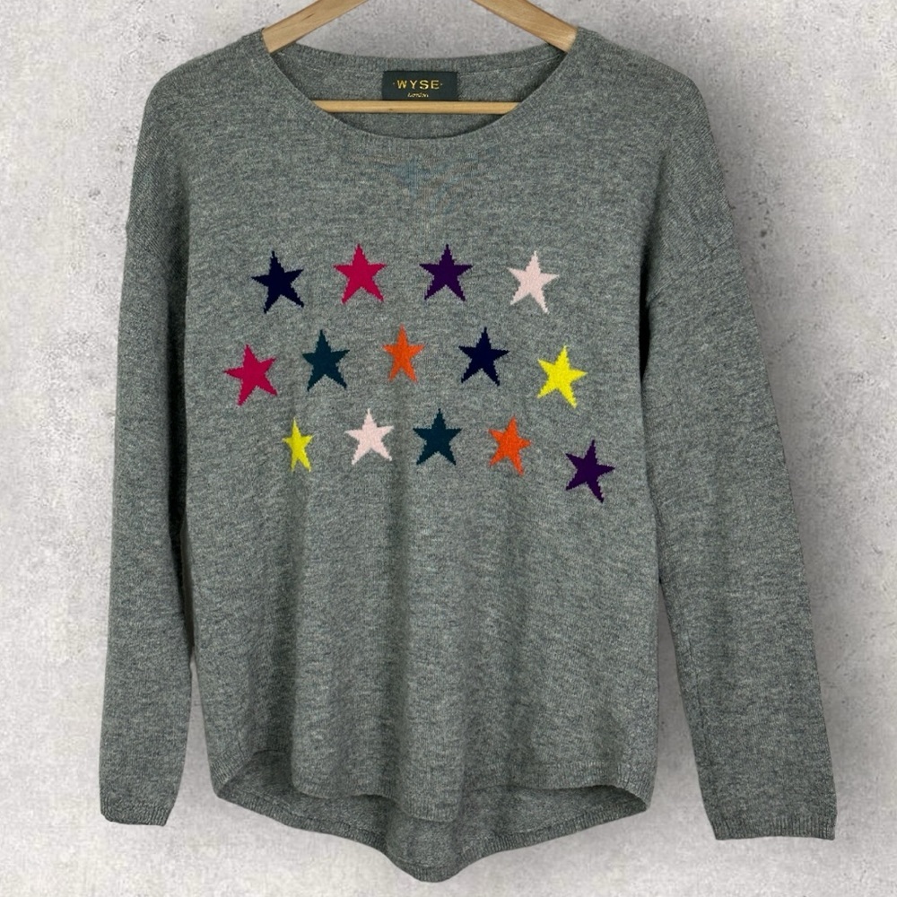 WYSE London 100% Cashmere Grey Rainbow‎ Sweater Crew Neck Size Small Star Knit S
